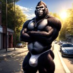 absurd_res anthro ape bulge car clothing crossed_arms exhibitionism gorilla haplorhine hi_res jewelry jockstrap light male mammal navel necklace nipples outdoors outside plant primate pup_tobey solo street sunlight tree underwear vehicle