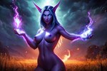 areola big_breasts blizzard_entertainment blue_eyes breasts elf female field fire front_view hair humanoid kauket light long_ears magic magic_user moonlight nightelf nipples nude outside purple_body purple_hair solo warcraft world_of_warcraft