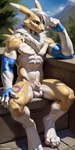 animal_genitalia anthro armwear balls clothing digimon_(species) fully_sheathed fur genitals hardfurry head_tuft male muscular neck_tuft outside renamon sheath sitting solo tuft