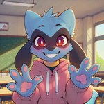 anthro classroom clothed clothing day detailed_background fur gesture looking_at_viewer male nintendo pawpads pokemon school smile smiling_at_viewer solo waving waving_at_viewer window unknown_director generation_4_pokemon pokemon_(species) riolu