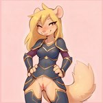 anthro armor blep blonde_hair bottomless breasts clothed clothing female fur genitals hair hand_on_hip hands_on_hips knight long_hair looking_at_viewer one_eye_closed pussy red_eyes simple_background solo standing tan_body tan_fur tongue tongue_out unconvincing_armor warrior wink mila_minx mammal mink mustelid musteline true_musteline hi_res