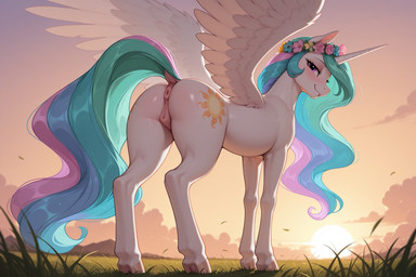 animal_genitalia animal_pussy anus butt cloud cutie_mark equine_anus equine_pussy feathers female feral flower flower_crown fur genitals grass hair hooves horn inviting_to_sex looking_at_viewer looking_back looking_back_at_viewer multicolored_hair multicolored_tail outside plant presenting presenting_hindquarters purple_eyes pussy raised_tail smile solo spread_wings sun sunset white_body white_feathers white_fur wings foxhound_(director) friendship_is_magic my_little_pony princess_celestia_(mlp) equid equine mammal winged_unicorn hi_res