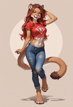 4_toes 5_fingers abs anthro athletic athletic_anthro athletic_female barefoot blue_bottomwear blue_clothing blue_eyes blue_jeans blue_pants bottomwear breasts brown_body brown_fur brown_hair claws clothed clothing countershading crop_top denim denim_bottomwear denim_clothing digitigrade dipstick_tail eyebrows eyelashes fangs feet female finger_claws fingers fur hair hand_behind_head highlights_(coloring) hindpaw inner_ear_fluff jeans long_hair looking_at_viewer markings midriff multicolored_body multicolored_fur multicolored_hair navel open_mouth open_smile pants pawpads paws pink_nose red_clothing red_hair red_shirt red_topwear shadow shirt simple_background smile solo standing t-shirt tail tail_markings tan_body tan_fur teeth toe_claws toes tongue topwear torn_bottomwear torn_clothing torn_jeans torn_pants tuft two_tone_hair white_body white_fur crashbandit cougar felid feline mammal comfyui_(software) digital_media_(artwork) full-length_portrait hi_res illustrioussnafusuper_(model) nai-diffusion-furry-3_(model) portrait prompt_metainfo shaded