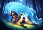 all_fours animal_genitalia animal_penis animal_pussy anthro anthro_on_feral anthro_penetrated anus balls barefoot bestiality black_hair blue_body blue_eyes braided_hair breasts breath brown_body brown_fur canine_genitalia canine_penis canine_pussy clothing doggystyle duo eyes_closed feet female female_penetrated feral feral_penetrating feral_penetrating_anthro feral_penetrating_female forest from_behind_position fur gaping gaping_pussy genitals glowing glowing_body glowing_eyes hair hand_on_leg male male/female male_penetrating male_penetrating_female moan moon multicolored_body multicolored_fur night panting penetration penis plant pussy raised_tail rear_view robe sex tan_body tan_fur translucent translucent_body tree vaginal white_body white_fur polar_(director) canid canine canis domestic_dog german_shepherd herding_dog mammal pastoral_dog spirit wolf
