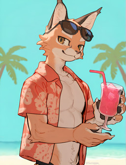 aloha_shirt anthro beach beach_background brown_body brown_eyes brown_fur clothing container cup drinking_glass ear_tuft eyebrows eyewear eyewear_on_head fur glass glass_container glass_cup ice_cube male palm_tree pattern_clothing pattern_shirt pattern_topwear plant seaside shirt slim_body small_waist solo speedo straw sunglasses sunglasses_on_head swimwear thick_eyebrows topwear tree tuft suroppa sloppa_(suroppa) caracal caracal_(genus) felid feline mammal absurd_res hi_res