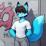 anthro bottomwear brown_hair clothing frosting.ai graffiti grey_bottomwear grey_clothing grey_pants hair male pants red_eyes shirt smile solo topwear white_clothing white_shirt white_topwear renz rennii_(renz) canid canine fox mammal hi_res