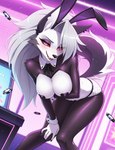 anthro colored_sclera female hand_on_knee hand_on_leg leaning leaning_forward pasties reverse_bunny_costume solo reythedragon loona_(helluva_boss) canid canid_demon canine canis demon hellhound human mammal wolf hi_res