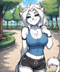 anthro bench big_breasts blue_eyes bottomwear breasts cleavage clothed clothing detailed_background female fur hair looking_at_viewer midriff outside park park_bench plant shirt shorts sky smile solo tank_top topwear tree tuft white_body white_fur white_hair anontk twokinds willow_wisp felid lion mammal pantherine hi_res