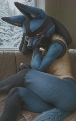 3_fingers animal_ear_fluff animal_ears animal_nose anthro arms_bent biped black_body black_fur blue_body blue_fur body_fur bored breasts butt claws crossed_legs evergreen_tree feet female fingers frown fur furniture half-closed_eyes hand_on_face hand_on_head hand_on_own_face handpaw head_on_hand hips holding_face inside looking_at_viewer mouth_closed multicolored_body multicolored_fur narrowed_eyes nude on_sofa pawpads paws photorealism pine_tree plant raised_leg realistic realistic_fur realistic_lighting red_eyes sitting sitting_on_sofa small_breasts snout sofa solo spikes tail toes tree tuft two_tone_body two_tone_fur white_body white_fur window winter yellow_body yellow_fur frrlvr nintendo pokemon generation_4_pokemon lucario pokemon_(species) absurd_res hi_res