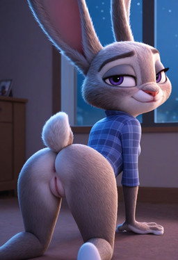 all_fours anthro anus bottomless bottomless_female butt clothed clothing female genitals looking_at_viewer looking_back looking_back_at_viewer night pussy scut_tail short_tail solo anguirus12345 disney zootopia judy_hopps lagomorph leporid mammal rabbit hi_res