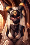 anthro black_body blush breasts church cleavage clothed clothing day dress eyelashes female light long_eyelashes looking_at_viewer medium_breasts red_eyes shy smile solo sunlight wedding wedding_dress wedding_veil white_clothing white_dress jameswolf nintendo pokemon eeveelution generation_2_pokemon mammal pokemon_(species) umbreon absurd_res hi_res