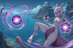 action_pose anthro aura battle bodily_fluids breasts cloud female flying glowing glowing_eyes island levitation looking_at_viewer magic mountains nipples orb pokemon pose pupils purple_eyes sea serious slit_pupils small_breasts solo sweat water fenix_ai generation_1_pokemon legendary_pokemon mewtwo pokemon_(species)