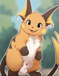 animal_genitalia animal_penis balls black_eyes black_nose blurred_background blush brown_ears chest_tuft dipstick_arms feral fur genitals long_tail looking_at_viewer male neck_tuft open_mouth open_smile outline penis penis_tip sheath smile solo standing stripes tongue tuft white_balls white_body white_fur white_sheath yellow_inner_ear seam_(director) nintendo pokemon generation_1_pokemon mammal mouse murid murine pokemon_(species) raichu rodent hi_res portrait