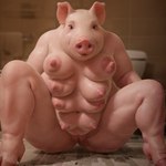 absurd_res anthro bathroom breasts domestic_pig female genitals hi_res hooves mammal multi_breast multi_nipple nipples overweight overweight_female pink_body pussy realistic solo splice spread_legs spread_pussy spreading suid suina sus_(pig)