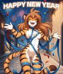 5_fingers anthro areola banner black_stripes breasts brown_hair casual_exposure casual_nudity chest_tuft clothing confetti countershading detailed_background eyes_closed fangs female fingers fur genitals hair happy holidays long_hair markings mostly_nude multicolored_body multicolored_fur multicolored_tail navel new_year night nipples nude open_mouth open_smile orange_body orange_fur outside pink_areola pink_nipples pussy sky smile solo striped_body striped_fur stripes tail_markings teeth text tongue tuft white_body white_fur anontk twokinds flora_(twokinds) felid keidran mammal pantherine tiger english_text hi_res shaded url