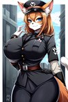 anthro belt big_breasts blue_eyes breasts clothed clothing female fur hair hat headgear headwear huge_breasts looking_at_viewer orange_body orange_fur peaked_cap self_upload small_waist solo uniform craftykittydog domestic_cat felid feline felis mammal