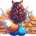 anthro butt canid canine clothed clothing colorful dall-e_3 director_sunshine female food fox fully_clothed hair light mammal solo sunlight