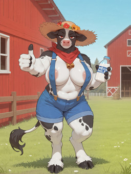 4_fingers anthro areola barn big_breasts blush bottle bottomwear breasts clothing covered_nipples cowbell cutoffs denim denim_clothing digitigrade female fence fingers flower flower_on_hat gesture grass hat headgear headwear holding_bottle holding_object hooved_fingers hooves markings mature_female milk milk_bottle navel pink_nose plant red_eyes scarf shorts slightly_chubby slightly_chubby_female smug solo spots spotted_markings standing straw_hat suspenders tail_tuft thick_arms thick_thighs thumbs_up tuft white_body burioth mega_milk bovid bovine cattle holstein_friesian_cattle mammal absurd_res hi_res shaded soft_shading