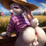 absurd_res anthro anus balls bent_over bodily_fluids bottomless breath butt clothed clothing crossdressing crossgender eyeshadow faelen farm field ftm_crossgender fur genitals girly grass grey_body grey_fur hat headgear headwear hi_res judy_hopps lagomorph leporid looking_at_viewer looking_back looking_back_at_viewer makeup male mammal panting pattern_clothing pattern_shirt pattern_topwear pink_clothing pink_eyeshadow pink_nose plaid plaid_clothing plaid_shirt plaid_topwear plant purple_eyes rabbit shirt short_tail solo straw_hat sweat tongue tongue_out topwear white_body white_fur zootopia