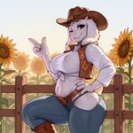 anthro belt belt_buckle boots bottomwear breasts clothing cowboy_hat female fence flower flower_field footwear hand_on_hip hat headgear headwear horn looking_at_viewer one_eye_closed pants plant pose red_eyes shirt solo solo_focus sunflower tied_shirt topwear vest white_body wink winking winking_at_viewer unknown_director undertale undertale_(series) toriel boss_monster bovid caprine goat mammal