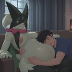 anthro big_breasts breasts cuddling duo female furniture half-closed_eyes interspecies living_room looking_at_another looking_at_partner male male/female narrowed_eyes nude nude_female on_sofa pouting pregnant sitting sitting_on_sofa sleeping sofa koboldcollector nintendo pokemon generation_9_pokemon human mammal meowscarada pokemon_(species) absurd_res hi_res