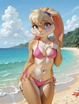 anthro beach bikini bikini_bottom bikini_top blonde_hair blue_eyes blush clothed clothing cloud female fur hair hand_on_chest nature nature_background pink_bikini pink_clothing pink_swimwear sand sea seashell seaside shell shy sky solo standing swimwear topwear water majorrenegade space_jam lola_bunny asterozoan echinoderm lagomorph leporid mammal marine rabbit starfish detailed hi_res