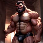 anthro beard biceps body_hair brown_body brown_skin chest_hair claws detailed_background ears_up facial_hair hair hairy inside looking_at_viewer male muscular muscular_male mustache nipples sauna scars smile solo teeth kuranoidss mammal ursid hi_res