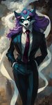 anthro black_suit blue_body blue_fur cigarette clothing eyewear faruza_woundclan fur hair male necktie pocket_square pokemorph purple_hair red_necktie ronah ruins slim smoke solo suit sunglass_glow sunglasses tie_clip bahufaru generation_2_pokemon legendary_pokemon pokemon_(species) suicune absurd_res hi_res