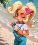 4_fingers accessory anthro areola beach black_nose blep blonde_hair breasts clothing detailed_background eyeshadow female fingers flower flower_in_hair hair hair_accessory leaf long_hair looking_at_viewer makeup nipples one_eye_closed overalls plant ponytail sand seaside shirt solo tongue tongue_out topwear water wink anonymous_director crash_bandicoot_(series) coco_bandicoot mammal marsupial hi_res