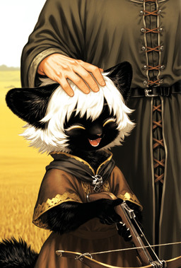 5_fingers ambiguous_gender belt black_body black_ears black_fur brown_clothing claws cloak clothed clothing crossbow cute_fangs day detailed_background duo eyes_closed fangs female field fingers fluffy fur grass hair hand_on_head happy headpat holding_object holding_weapon inner_ear_fluff male open_mouth open_smile outside petting plant ranged_weapon size_difference sky smile solo_focus standing tail teeth tongue tuft tunic weapon white_hair wholesome_content unknown_director domestic_cat felid feline felis mammal absurd_res detailed hi_res