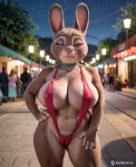 anthro big_breasts bikini breasts breathing camel_toe car choker city city_background clothing detailed_background disney female hand_on_hip huge_breasts jewelry looking_at_viewer mature_anthro mature_female necklace night nipple_outline nipple_slip sling_bikini solo standing swimwear thick_thighs vehicle av-10 zootopia bonnie_hopps lagomorph leporid mammal rabbit animated webm