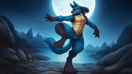 4_fingers 4_toes abs anthro biped black_body black_fur blue_body blue_fur chest_spike claws detailed_background digitigrade feet fingers full_moon fur hand_spike male male_anthro moon mountain muscular muscular_anthro muscular_male night nude one_leg_up outside paws pose raised_leg red_eyes sky solo spikes spikes_(anatomy) tail telegram telegram_logo text toe_claws toes sergalbutt nintendo pokemon canid canine generation_4_pokemon lucario mammal pokemon_(species) director_name hi_res signature url