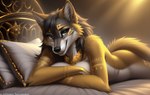 anthro bed black_nose breasts canid canine canis detailed detailed_fur female fur furniture gold_(metal) gold_jewelry grey_eyes inside jewelry light light_beam looking_at_viewer lying lying_on_bed mammal markings necklace nude on_bed on_front pillow rim_light seductive smile solo wolf wolfik yellow_body yellow_fur