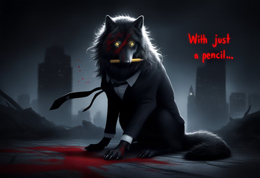 black_body black_fur black_tie_(suit) blood blood_covered blood_on_face blood_splatter bodily_fluids caption city city_background clothing feral fluffy fluffy_tail fur glowing glowing_eyes male object_in_mouth pencil_(disambiguation) sitting_on_ground solo suit text yellow_eyes polar_(director) canid canine canis mammal wolf