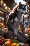 anthro balls building casual_nudity covering food fur genitals house male nipples nude plant solo vegetable ulfur5605 canid canine canis mammal wolf hi_res