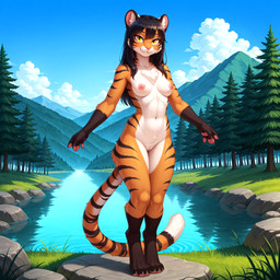 4_toes 5_fingers anthro areola arm_tuft biped black_body black_hair blue_sky breasts casual_nudity chest_tuft claws cloud countershade_face countershade_legs countershade_torso countershading day detailed_background digitigrade dipstick_tail evergreen_tree eyebrows eyelashes feet female finger_claws fingers forest front_view fur genitals gloves_(marking) grass hair inner_ear_fluff innie_pussy lake leg_markings long_hair looking_at_viewer markings medium_breasts mountain multicolored_body multicolored_fur nature navel nipples nude orange_body orange_fur outside pawpads paws pine_tree pink_areola pink_nipples pink_nose pink_pawpads plant pussy rock shoulder_tuft sky smile socks_(marking) solo standing striped_body striped_fur striped_markings striped_tail stripes tail tail_markings text toe_claws toeless_(marking) toes tree tuft water whiskers white_body white_fur yellow_eyes crashbandit felid mammal pantherine tiger comfyui_(software) digital_media_(artwork) nai-diffusion-4-5-full_(model) novazoinkfurry_(model) prompt_metainfo shaded