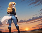 anthro blonde_hair blue_eyes boots clothing cloud ears_up female footwear grass gun hair handgun long_hair outdoors outside pistol plant ranged_weapon solo sun sunset tree weapon anonymous_director mammal mink mustelid musteline true_musteline hi_res