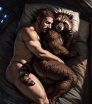 anthro bed brown_body brown_fur butt cuddling duo fur furniture human human_penetrating male male/male mammal multicolored_body nude on_bed penetration procyonid raccoon rocket_raccoon science_fiction spooning taji_(director)