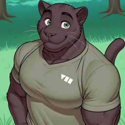 black_nose clothing eyebrows green_eyes happy joseph_warren_(meesh) looking_at_viewer male merade muscular pecs shirt smile solo tail topwear whiskers felid mammal pantherine hi_res