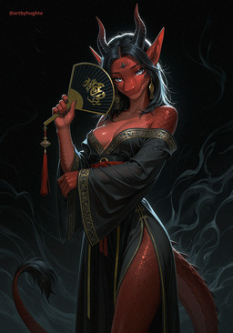 anthro asian_clothing black_background black_claws black_hair black_horn cinematic_lighting claws clothing dark detailed_scales dim_lighting female film_grain gold_(metal) gold_jewelry gold_trim grey_eyes hair hand_fan holding_fan holding_object horn jewelry long_ears long_sleeves looking_at_viewer mythology red_body red_scaled scales simple_background slight_smile smoke solo tail hughte dragon mythological_creature mythological_scalie scalie absurd_res detailed hi_res