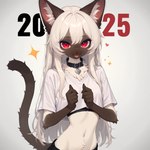 2025 5_fingers <3 anthro brown_body brown_fur clothed clothing collar collar_tag crop_top fangs female fingers fluffy fur hair long_hair looking_at_viewer multicolored_body multicolored_fur navel neck_tuft new_year open_mouth red_eyes shirt simple_background slim solo standing tan_body tan_fur topwear tuft two_tone_body two_tone_fur white_body white_clothing white_fur white_hair white_shirt white_topwear seli-32 chai_(seli-32) domestic_cat felid feline felis mammal siamese hi_res