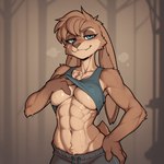 abs anthro athletic athletic_anthro athletic_female blue_eyes bodily_fluids bottomwear bra breasts brown_body brown_fur brown_hair clothed clothing clothing_lift female fur hair hand_on_hip long_ears looking_at_viewer medium_breasts midriff muscular muscular_anthro muscular_female narrowed_eyes navel pants raised_clothing raised_topwear seductive shirt shirt_lift smile solo sports_bra sweat sweaty_breasts tail tan_body tan_fur tank_top topwear tuft under_boob underwear unknown_director lagomorph leporid mammal rabbit hi_res