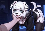 anthro black_clothing black_hoodie black_legwear black_topwear blue_eyes breasts clothing duo female fur hair hoodie kneeling_on_ground legwear male male/female petting rubbing topwear white_body white_fur white_hair c_or3_ai canid canine canis dalmatian domestic_dog human humanoid mammal hi_res
