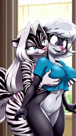 <3 anthro big_breasts bikini black_body black_fur blue_clothing blue_eyes blue_shirt blue_topwear blush bodily_fluids bottomless bottomless_female breast_grab breast_squish breasts clothed clothing duo eye_contact eyewear featureless_crotch female female/female female_anthro fluffy fur glasses grabbing grey_hair hair hand_on_breast kissing long_hair looking_at_another markings multicolored_body navel open_mouth panties pink_clothing pink_nose saliva shirt smile squish striped_body striped_fur striped_markings striped_tail stripes swimwear tail tail_markings topwear two-piece_swimsuit underwear white_body white_fur white_hair gridanon sabrina_online sabrina_(sabrina_online) zig_zag_(maxblackrabbit) felid hybrid mammal mephitid pantherine skunk tiger animated hi_res short_playtime wan2.2 webm