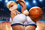 anthro anus basketball bent_over big_breasts big_butt blonde_hair blue_eyes bottomwear bra breasts brown_body brown_fur butt camel_toe clothing female fur hair hanging_breasts looking_at_viewer looking_back multicolored_body presenting presenting_hindquarters raised_tail rear_view scrunchie scut_tail short_tail shorts shoulder_tuft smile smiling_at_viewer smug solo sports_bra stadium tuft two_tone_body underwear white_clothing wide_hips kingfurryai lola_bunny lagomorph leporid mammal rabbit hi_res