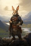 anthro armor boots brown_body brown_fur clothed clothing detailed_background detailed_fur footwear fully_clothed fur leather_straps long_ears male mountains outdoors pauldron river solo straps valley weapon whiskers fuzzy_logic lagomorph leporid mammal rabbit detailed hi_res