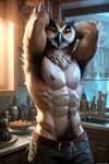 abs absurd_res anthro armpit_hair athletic athletic_male avian beak biceps bigboyblaziken bird bodily_fluids body_hair bottomwear chest_tuft clothed clothing hands_behind_head happy_trail hi_res kitchen light_reflected_on_body looking_at_viewer male muscular muscular_male musk nipples owl pecs pubes shorts solo sweat sweaty topless tuft