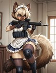 anthro assault_rifle chest_rig clothing female green_eyes gun hair knee_pads maid_headdress maid_uniform ranged_weapon rifle short_hair solo tactical_gear tan_hair uniform weapon djar17 domestic_cat felid feline felis mammal siamese hi_res