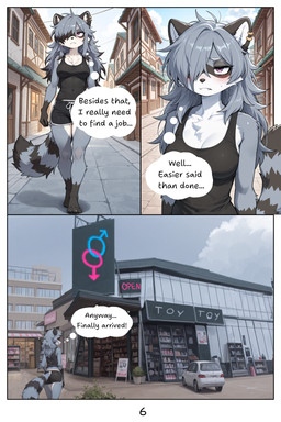 anthro black_body black_clothing black_fur blush city city_background clothing ear_piercing female fluffy fur grey_body grey_fur hair messy_hair piercing purple_eyes solo tail white_body white_fur lead_acid maple_(lead_acid) mammal procyonid raccoon comic hi_res
