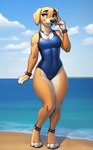 absurd_res anthro bird_dog bracelet canid canine canis clothing domestic_dog female hi_res hunting_dog jewelry labrador mammal necklace one-piece_swimsuit retriever sea seductive solo swimwear tight_clothing water yopfox